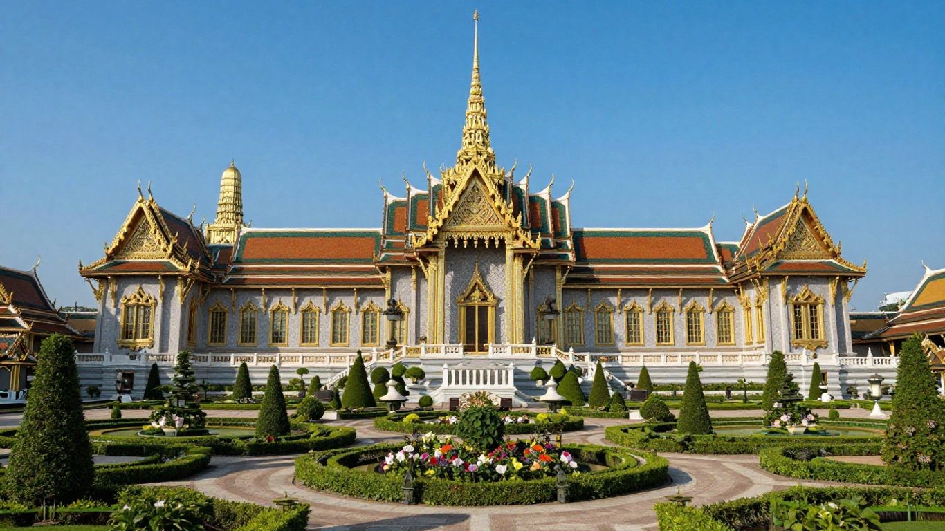 Palace of Versailles with gardens on a sunny day.