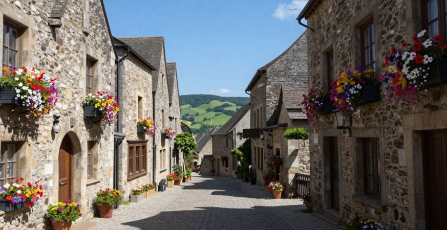 Charming medieval village with cobblestone streets and flowers.
