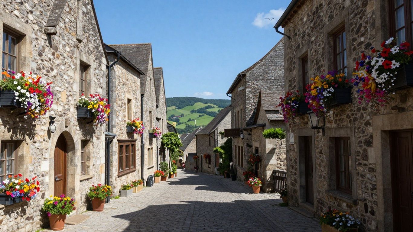 Charming medieval village with cobblestone streets and flowers.